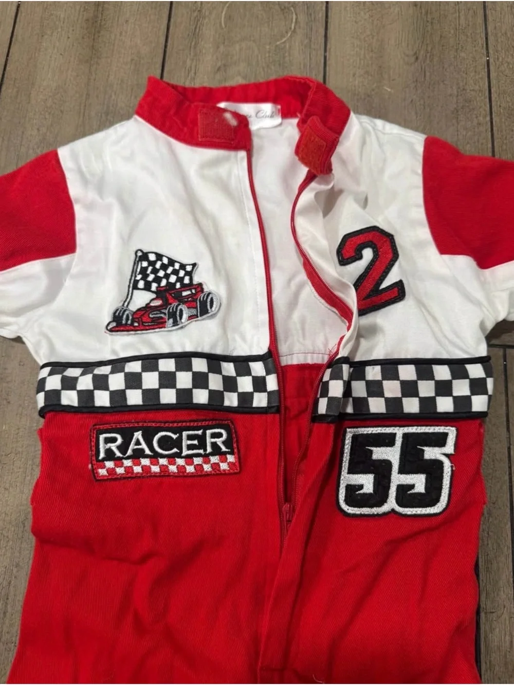Kids Red & White Racer Jumpsuit with Checker Trim
